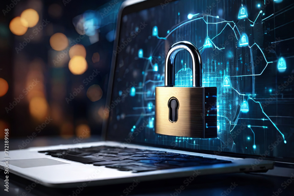 Enhance cybersecurity with a digital padlock icon on a virtual interface screen. Safeguard your online presence and protect business data privacy against cyber threats.