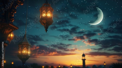 Nighttime Ramadan scene, crescent moon, and calmness in the air with copy space © olegganko