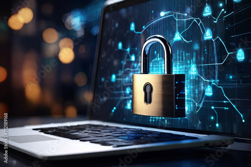 Obraz na płótnie Enhance cybersecurity with a digital padlock icon on a virtual interface screen. Safeguard your online presence and protect business data privacy against cyber threats. w salonie