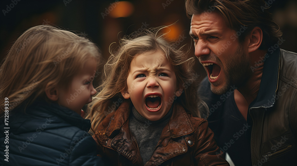 Family Moment of Raw Emotion, gripping moment as a family expresses powerful emotions, with a child's scream mirroring his father's cry, a raw depiction of familial bonds and reactions