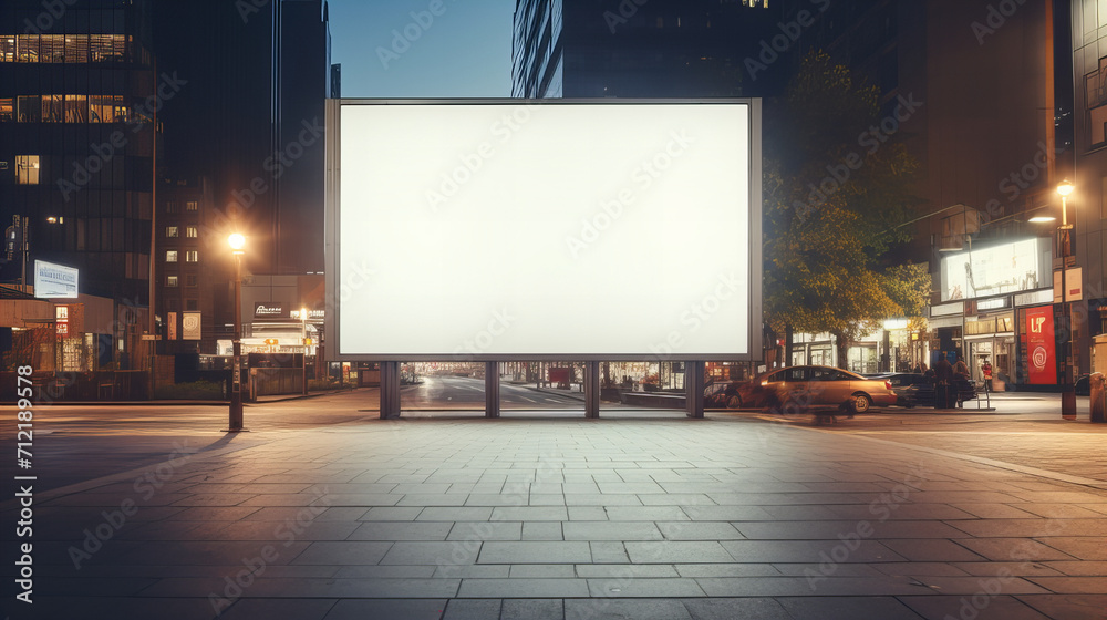 billboard at night city, Blank billboard with copy space screen for your advertisement, or promotional content, public information board on the street, advertising mock up outdoors, empty poster