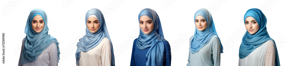 Collection portrait of a Muslim woman wearing a blue hijab isolated on ...