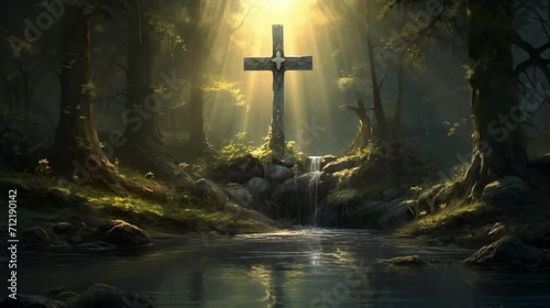 christian background lofy video jesus cross in the midle of the jungle near animated pond and waterfall with green vibes music video photo