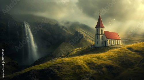 clasic chruch on the top of a hill in the afternoon with dark sky near a big waterall christian catholic photo