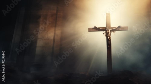 christmas background easter jesus cross with dark vibes christian cross near a house photo
