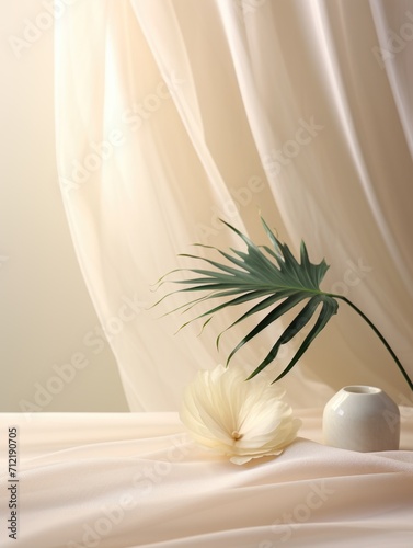 palm leaf on cream background, romantic and nostalgic themes. ai generated