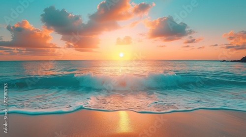 Beautiful sunset over a sandy beach and ocean. Generative AI.