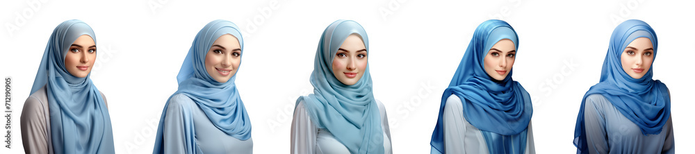 Collection portrait of a Muslim woman wearing a blue hijab isolated on ...