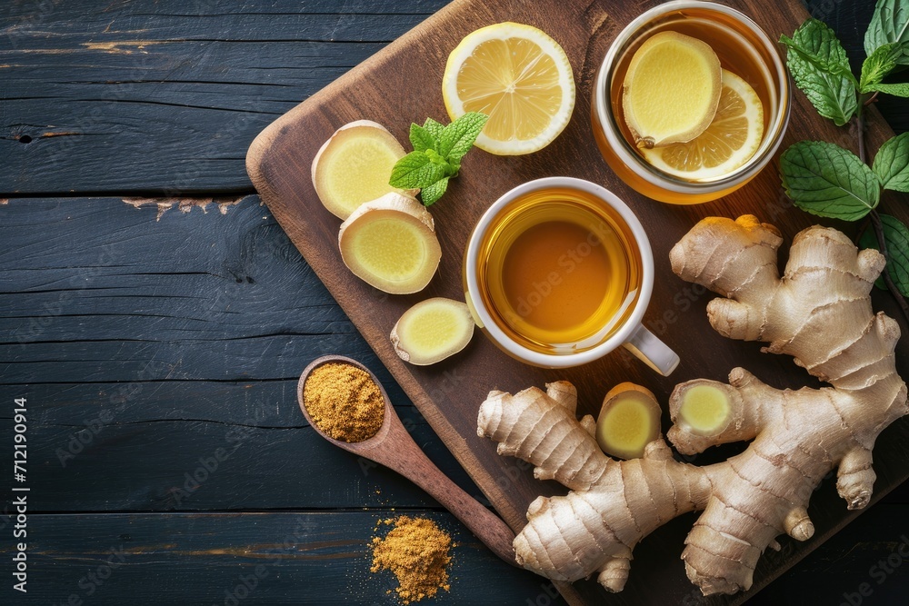 Overhead view of simple ginger tea recipe with comforting heating and healthy ingredients Overhead view of simple ginger tea recipe with comforting heating and healthy ingredients