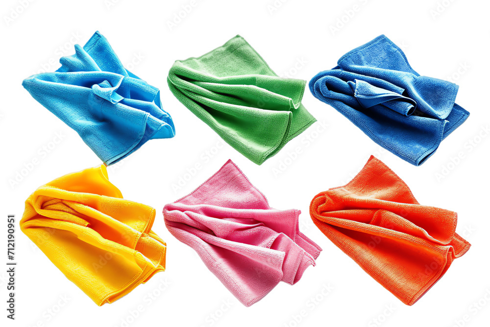 a group of colorful towels stacked on top of each other on a white background. The towels appear to be made of terrycloth and come in a variety of colors, including blue, green, yellow, and pink. Some