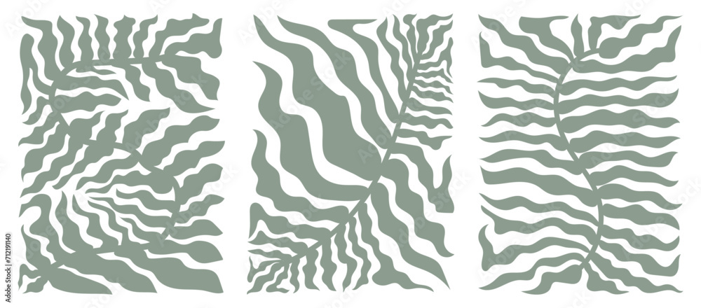 Fototapeta premium Groovy retro abstract leaf backgrounds. doodle shapes in trendy naive hippie 60s 70s style. Square wavy vector illustration in green sage colors.