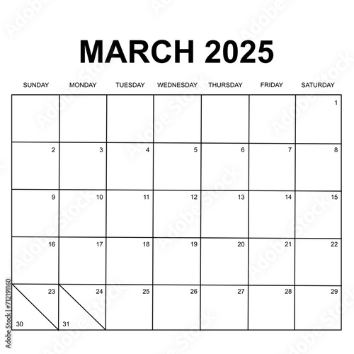 march 2025. Monthly calendar or planner design. week starts on Sunday. Printable, editable and clean design isolated on white background. 