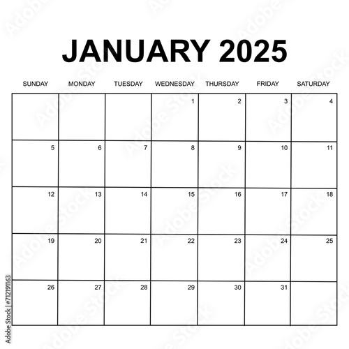 january 2025. Monthly calendar or planner design. week starts on Sunday. Printable, editable and clean design isolated on white background. 
