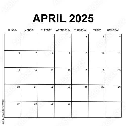 april 2025 calendar. Week starts on Sunday. Printable simple and clean calendar design. Stationery vector design.