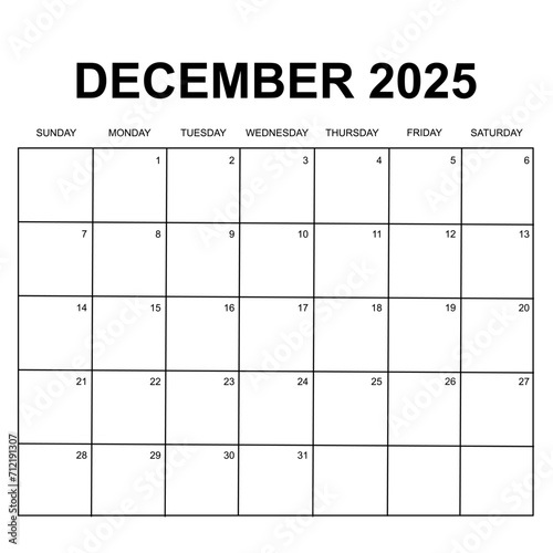 december 2025. monthly calendar design. Week starts on Sunday. Printable simple and clean calendar design. Stationery vector design.