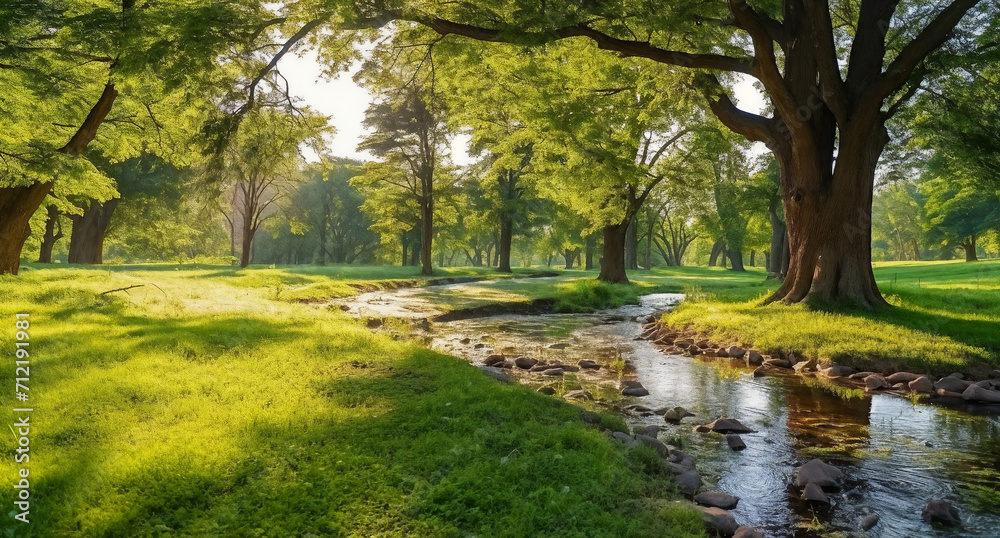 a stream running through a lush green park next to a forest filled with trees and grass covered ground with rocks, generative ai a stream running through a lush green park next to a forest filled with trees and grass covered ground with rocks, generative ai