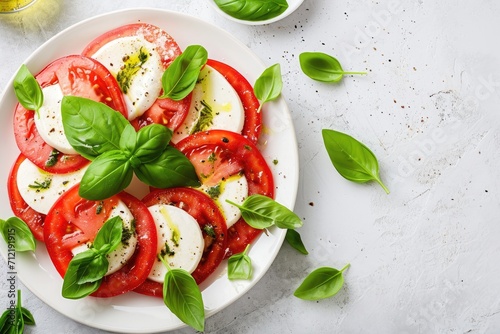 Italian caprese salad with sliced tomatoes mozzarella basil and olive oil from above photo