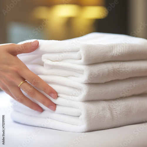 Putting clean towels in the hotel room.