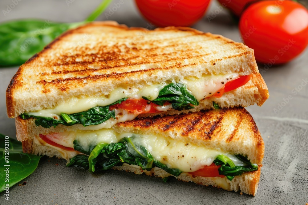 Concrete background with grilled cheese spinach and tomato sandwich Concrete background with grilled cheese spinach and tomato sandwich