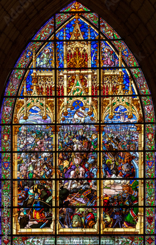 stained glass representing the battle of Las Navas de Tolosa  1212   chapter house  Roncesvalles  Royal Collegiate Church of Santa Mar  a de Roncesvalles  Santiago s road  Navarra  Spain