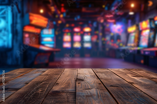 Foreground Wooden Table, Blurred Retro Gaming Classic Arcade Fun Background
