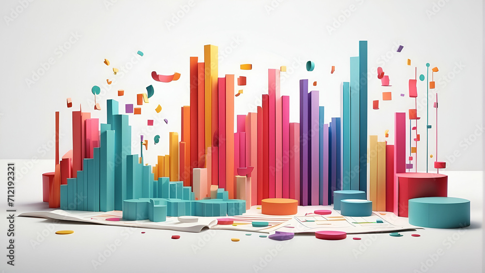 3d flat illustration of financial graphs with vibrant colors on white background