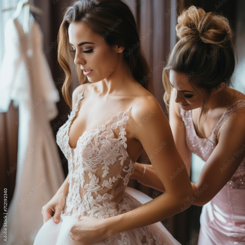 Putting the dress on the bride.