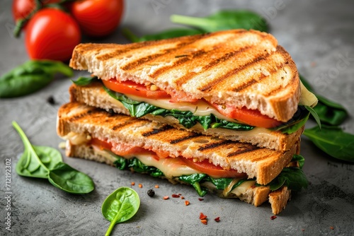 Grilled cheese sandwich with spinach and tomato on a concrete surface