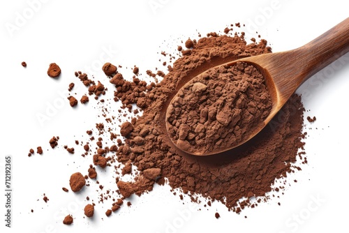 Cocoa powder in spoon seen from above isolated on white photo