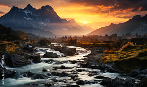 Sunset over misty mountains with winding river and autumn foliage - a serene landscape at dusk © Bartek