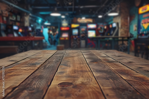 Wooden Tabletop Foreground, Background of Blurry Arcade Games Vintage Entertainment background
