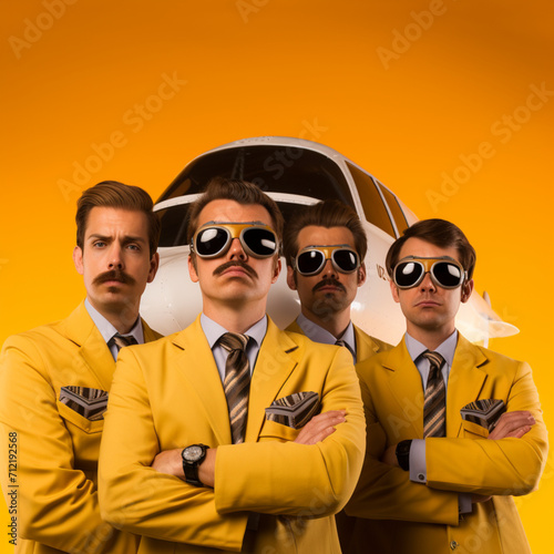 Group of airplane pilots on a yellow background.