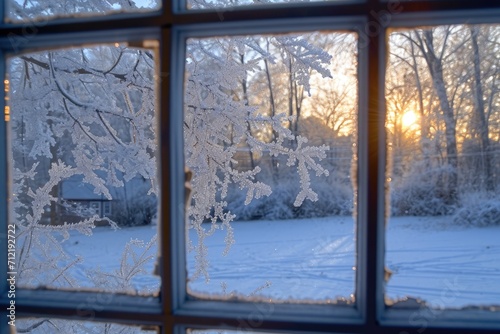 Winter view through window with morning frost