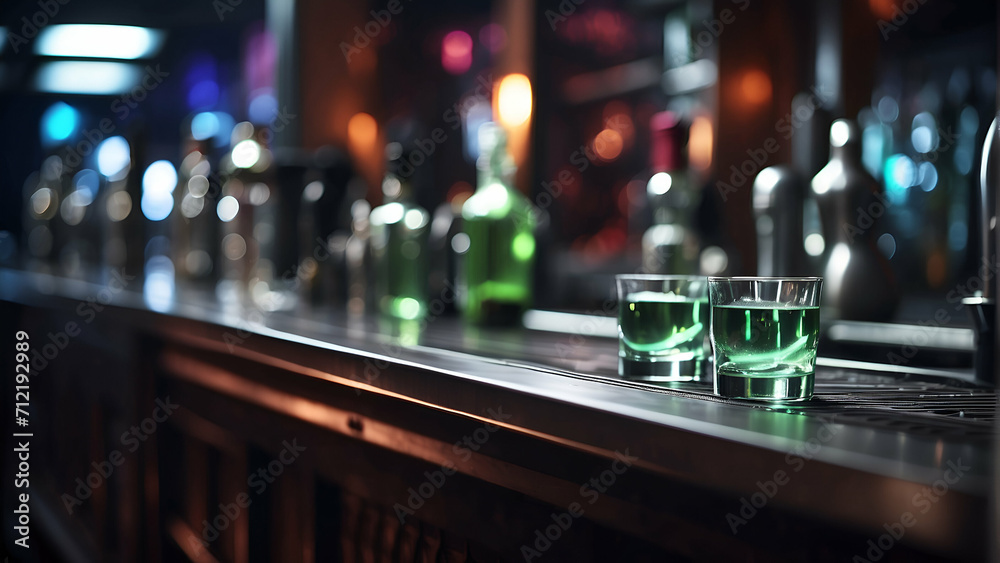 Bar counter with glass and bottle on tabletop
