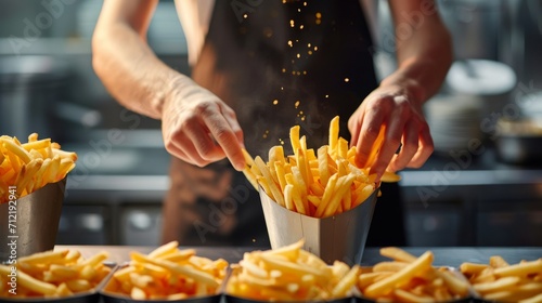 Close-up of hand cooking French fries in restaurant kitchen photo