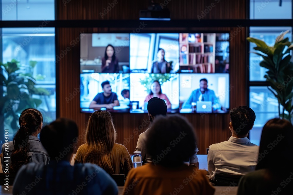 Diverse company employees having online business conference video call on tv screen monitor in board meeting room. Videoconference presentation, global virtual group corporate training concept.
 - obrazy, fototapety, plakaty 