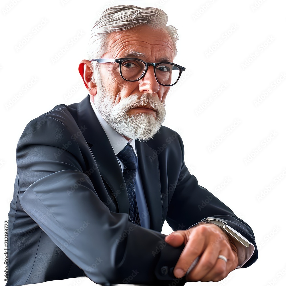 Senior business man with grey beard and glasses isolated on white background