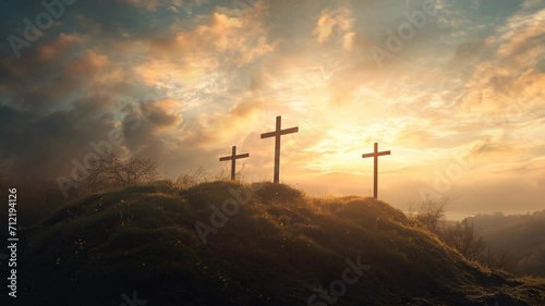 three cross on the hill with red sky hill of calvary christianity golgotha hill cathilic place photo