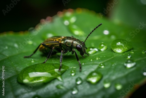 An insect perched on a wet leaf adorned with water droplets. Generative AI © Isolde