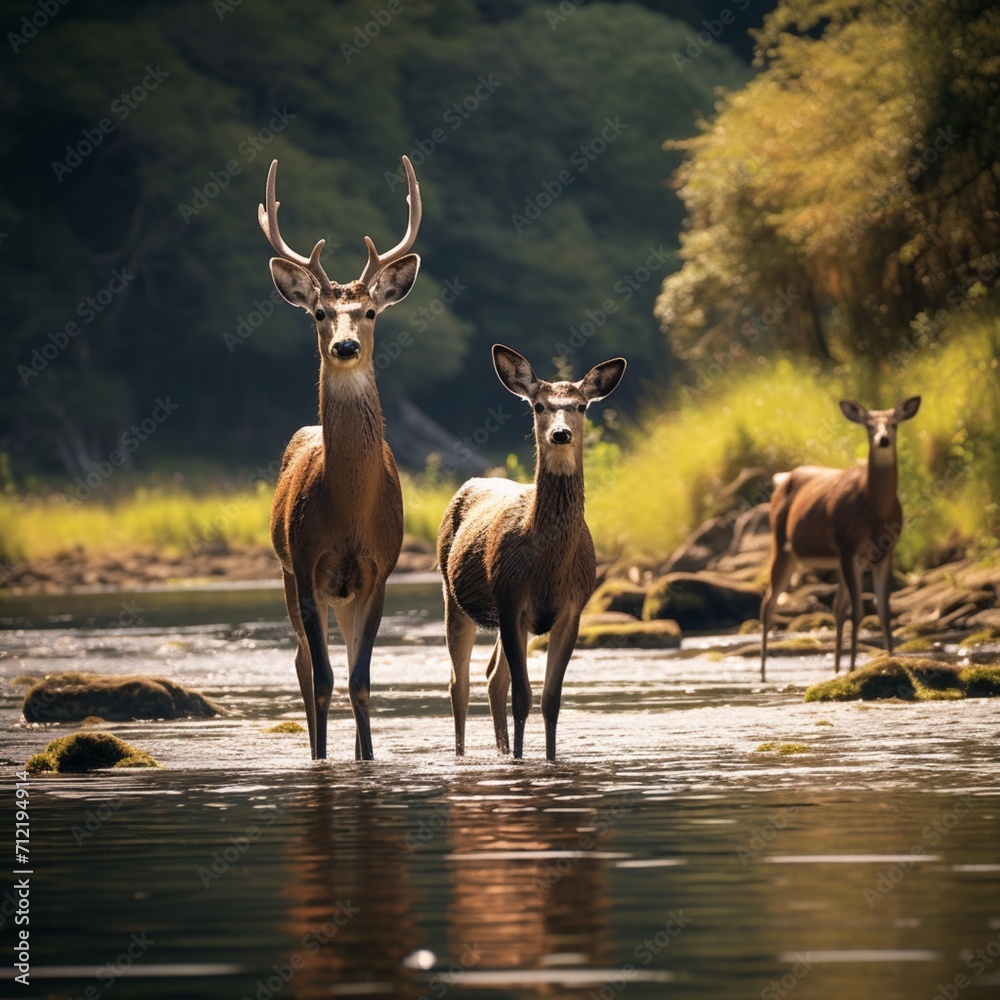 Fototapeta premium Some deer standing tidal river water images Generative AI