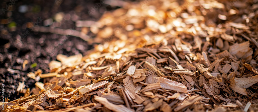 Golden sunlight kisses wood chips strewn across fertile soil, a tapestry of texture and the promise of growth Golden sunlight kisses wood chips strewn across fertile soil, a tapestry of texture and the promise of growth