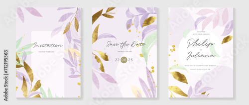 Luxury wedding invitation card background with golden botanical leaves, frame, glitter, watercolor texture. Abstract art background vector design for wedding and vip cover template.