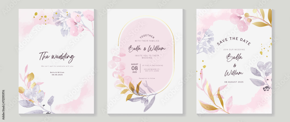 Luxury wedding invitation card background with golden glitter flower and botanical leaves, frame, watercolor texture. Abstract art background vector design for wedding and vip cover template.