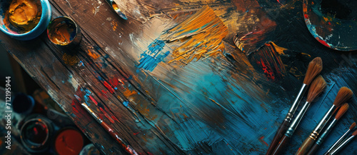 An artist's palette alive with strokes of blue and gold, brushes at the ready, a symphony of creativity and color photo
