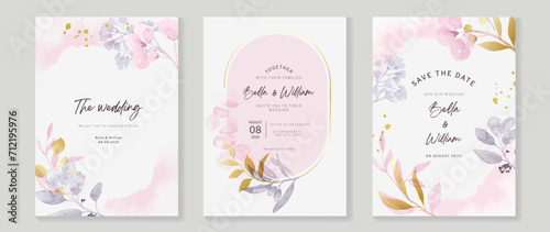 Luxury wedding invitation card background with golden glitter flower and botanical leaves, frame, watercolor texture. Abstract art background vector design for wedding and vip cover template.