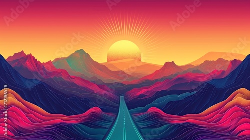 illustration of a retro style psychedelic landscape with vivid colors