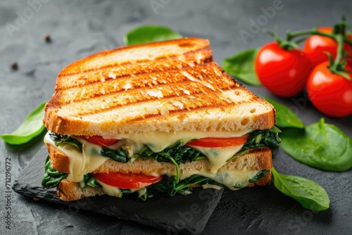 Grilled cheese sandwich with spinach and tomato on concrete backdrop