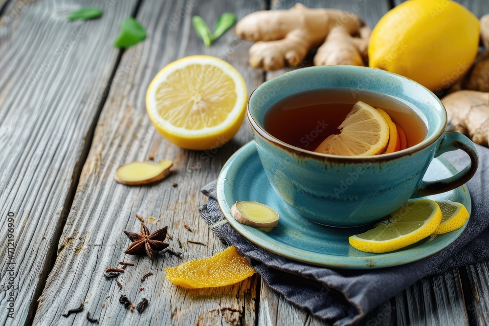 Hot black tea with lemon and ginger on a wooden background - obrazy, fototapety, plakaty 