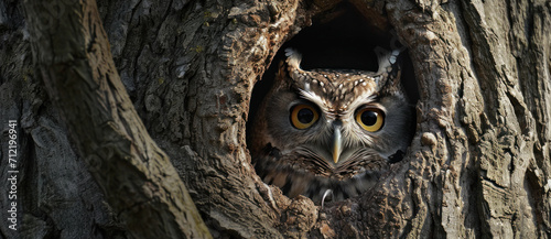 A secretive screech owl peers out from its tree nook, eyes aglow with wisdom, perfectly framed by the ancient bark