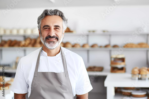 Baker man mid age in bakery background. Generative ai design.